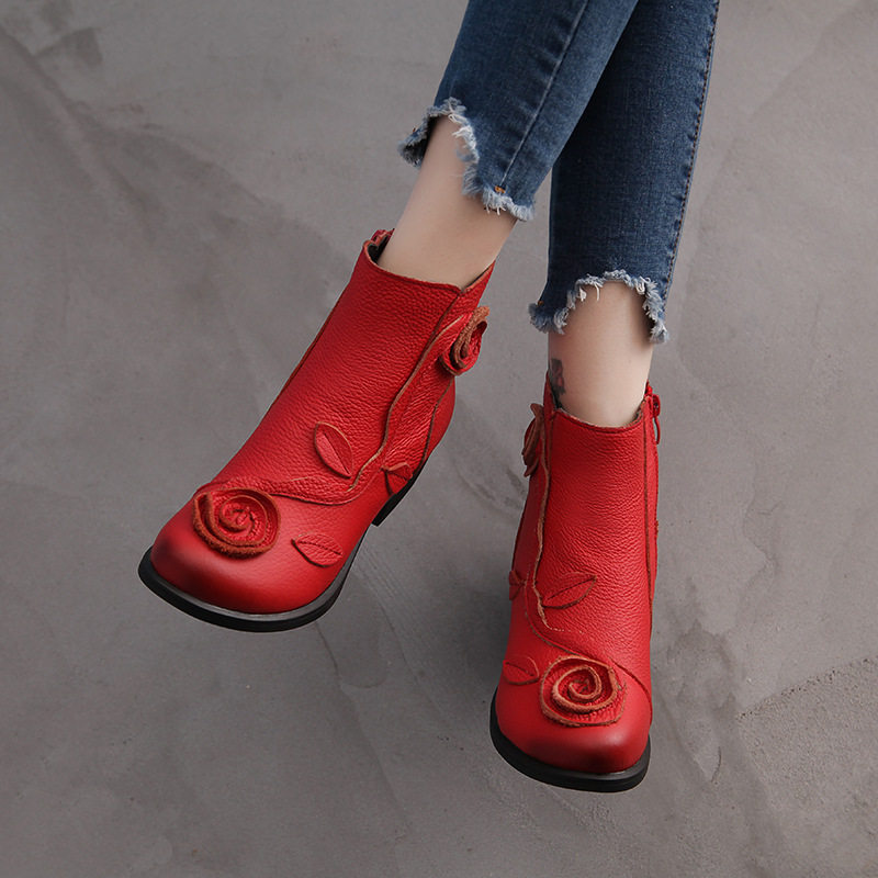 2022秋冬新款粗跟真皮民族风中跟马丁靴手工缝制花朵短靴爆款,女鞋,时装靴,淘宝优惠券,粉丝福利购,淘宝优惠卷