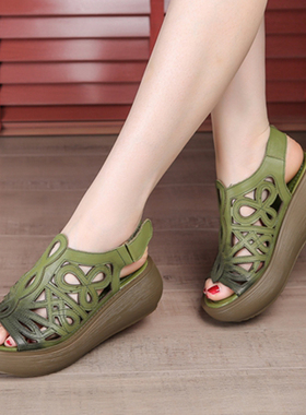 7085夏新款凉鞋厚底松糕鞋鱼嘴真皮软底复古原创手工皮鞋魔术贴