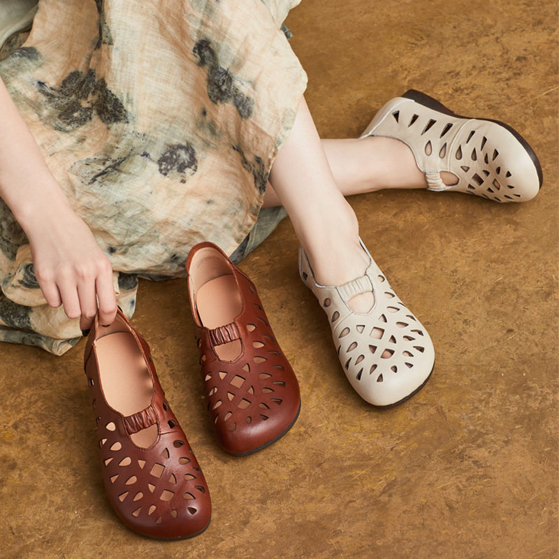 2025春夏新款英伦风真皮圆头镂空套脚女鞋平跟软底单鞋