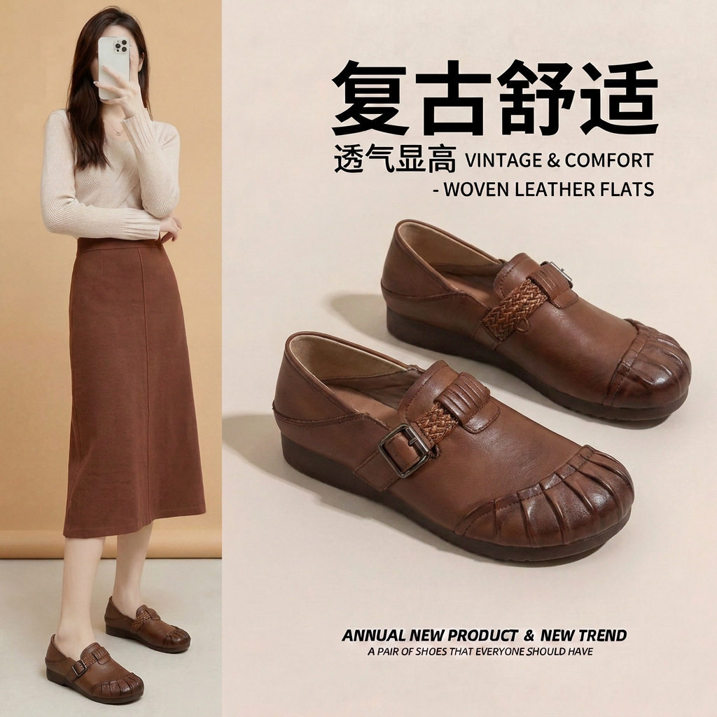 复古民族风平跟单鞋女2026秋中老年休闲防滑牛筋软底真皮妈妈鞋