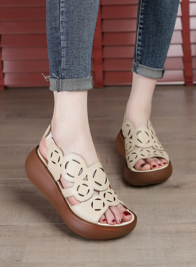 9851鱼嘴厚底凉鞋软底妈妈鞋防滑真皮复古原创鞋镂空松糕鞋夏新款