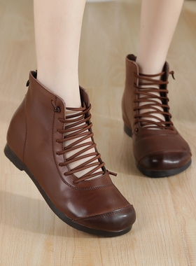 561平跟短靴鞋带真皮女鞋防滑休闲鞋马丁靴短筒绑带圆头秋后拉链