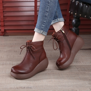 皮靴软底 妈妈鞋 705系带厚底短靴真皮靴民族风松糕鞋 马丁靴冬新款