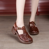 软底真皮妈妈鞋 厚底中跟鞋 原创复古夏新款 9051编织凉鞋 手工休闲鞋