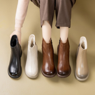 268真皮复古短靴女25秋冬后侧拉链单靴舒适软底纯手工百搭裸靴