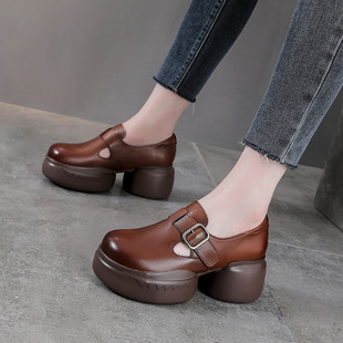 2025春秋新款厚底休闲鞋松糕鞋英伦风小皮鞋头层牛皮粗高跟女单鞋