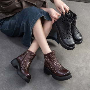 971镂空罗马凉靴2024春夏新松糕跟头层牛皮复古擦色妈妈高帮凉鞋