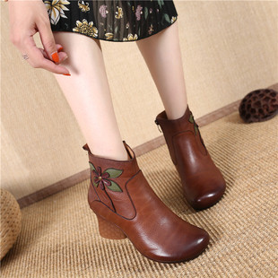 553秋冬民族风真皮短靴女复古手工立体花朵粗跟单靴优雅牛皮女靴