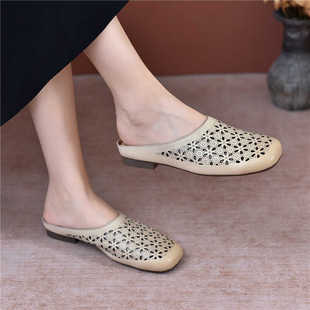 50601包头半拖鞋 女夏外穿舒适软皮软底复古头层牛皮镂空平底凉拖