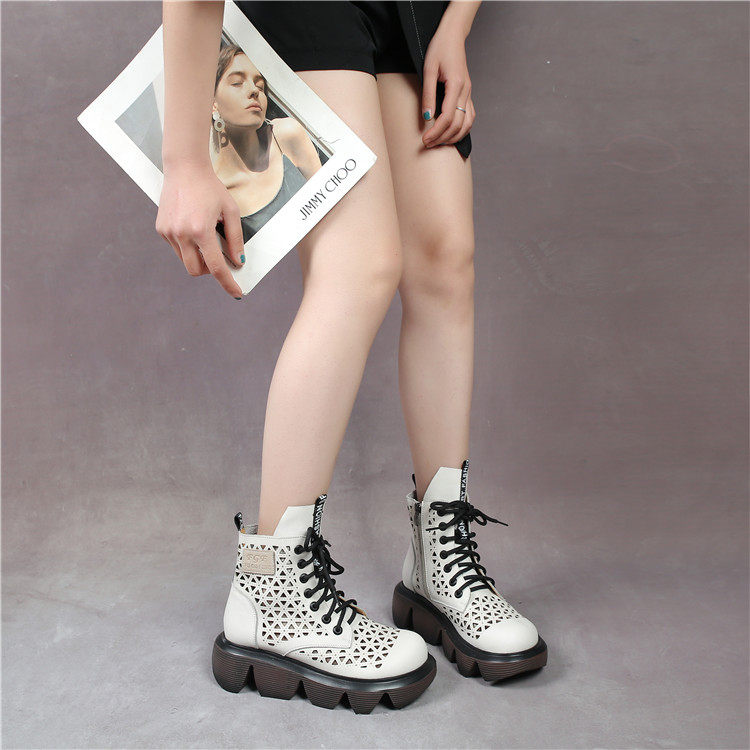 333白色马丁靴洞洞靴厚底洞洞凉靴新款软底真皮鞋欧美系带镂空鞋