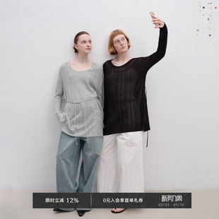 绑带罩衫 柔软触感镂空钩针汉麻棉宽松长袖 Chic Veega