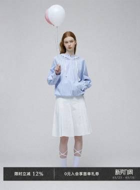 Veega Chic早春新品肌理棉经典简约连帽条纹抽绳大口袋衬衣衬衫女