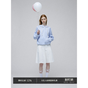 简约连帽条纹抽绳大口袋衬衣衬衫 肌理棉经典 女 Chic早春新品 Veega