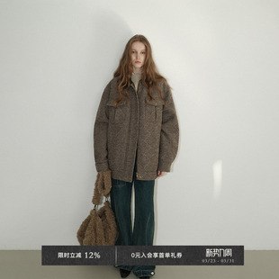 格纹单面呢拼接皮料中长款 三星90安心白鸭绒 毛呢外套 Chic Veega