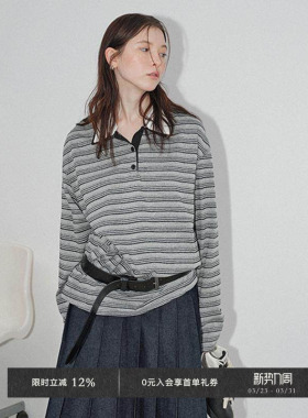 Veega Chic 做旧黑灰条纹休闲宽松可拆卸POLO领长袖T恤