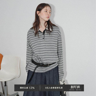 T恤 做旧黑灰条纹休闲宽松可拆卸POLO领长袖 Veega Chic