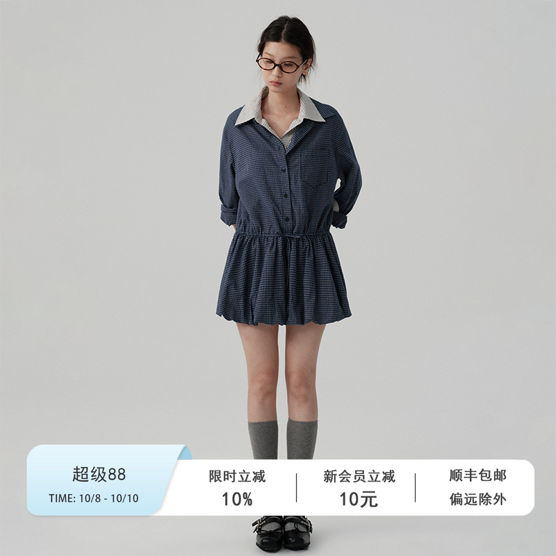 收腰格纹长袖花苞连衣裙