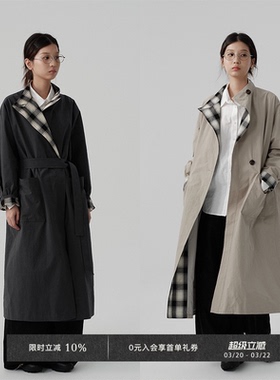 Veega Chic 秋冬复古英伦风撞色格纹百搭拼接落肩袖长款风衣外套
