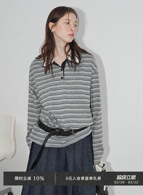Veega Chic 做旧黑灰条纹休闲宽松可拆卸POLO领长袖T恤