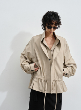 【鱼九九专属】Veega Chic棉感休闲双领设计感下摆抽绳褶袖风衣