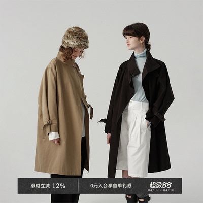 斜纹棉D字扣敞开式中长款风衣