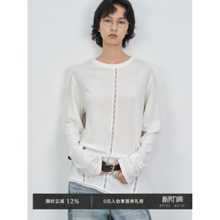 T恤 莱赛尔亚麻混纺设计感不对称蕾丝拼接长袖 Veega Chic