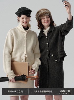 Veega Chic 重磅100高克重羊毛 复古宽松粗针纽扣毛衣开衫+半裙