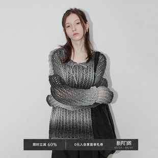 Chic Veega 慵懒风渐变镂空钩花肌理圆领套头羊毛混纺毛衫 4折