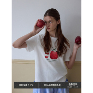 彩色印花宽松罗纹圆领套头短袖 Veega 苹果和梨 食物系 T恤 Chic