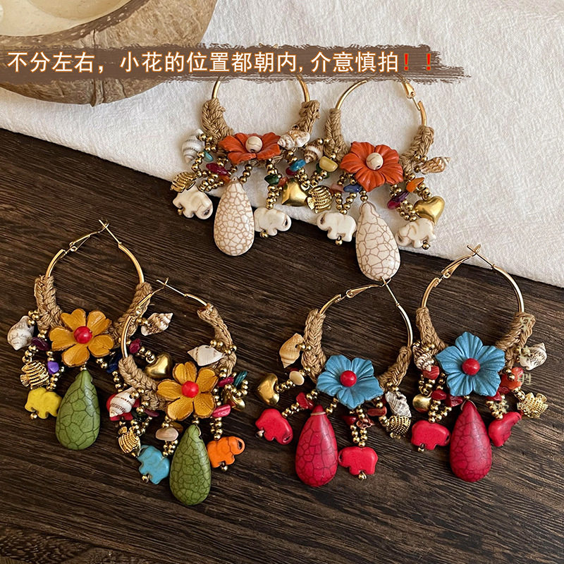民族风银针耳环彩色花朵水滴耳圈