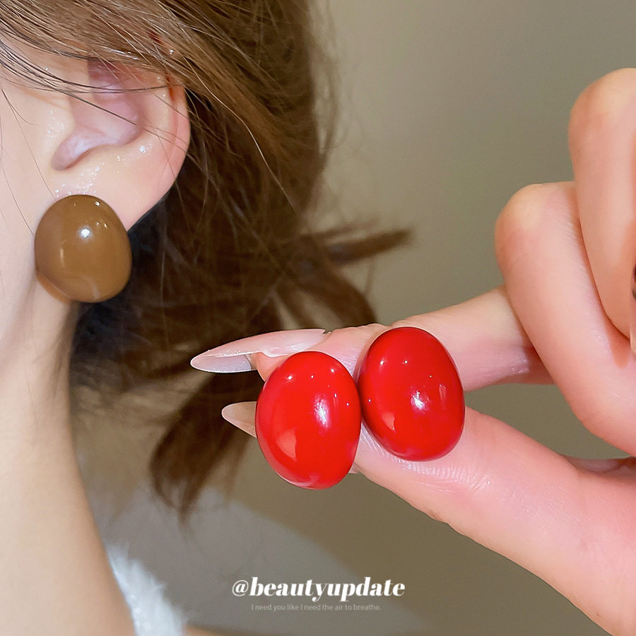 银针红色几何圆形耳钉耳夹时尚简约百搭气质耳环小众设计感耳饰女