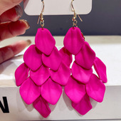 超仙花朵流苏糖果色耳钩新款 玫红色耳环出游花瓣耳饰耳挂 气质长款