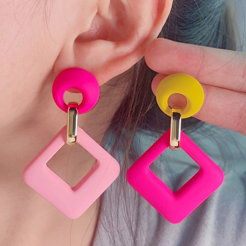 火龙果银针耳坠个性气质菱形耳环