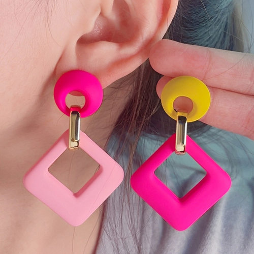 火龙果银针耳坠个性气质菱形耳环