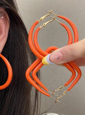 新款橙色橘色几何大耳圈925银针清新简约个性耳环设计感小众耳饰