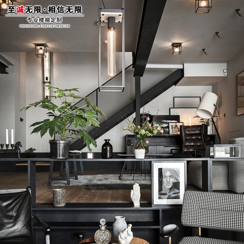 自建房单跑轻奢双梁钢木楼梯定制室内整体复式阁楼loft别墅diy