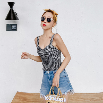 短款格子内搭背心小吊带复古