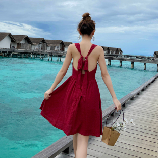 马尔代夫度假沙滩裙泰国露背性感露背雪纺修身连衣裙夏季吊带裙子