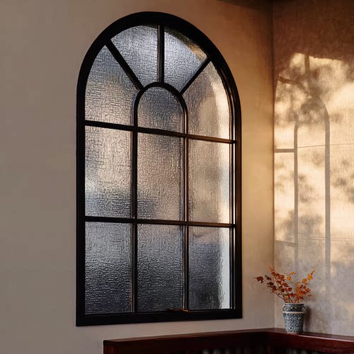 法式复古铝合金拱形压花玻璃窗