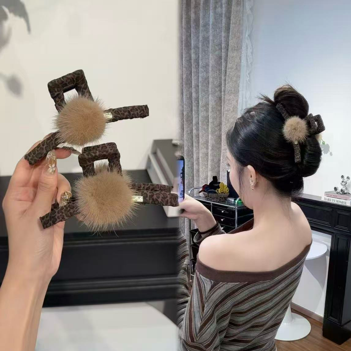 韩系秋冬豹纹毛球球抓夹发抓女高级感豹纹后脑勺盘发发夹鲨鱼夹子