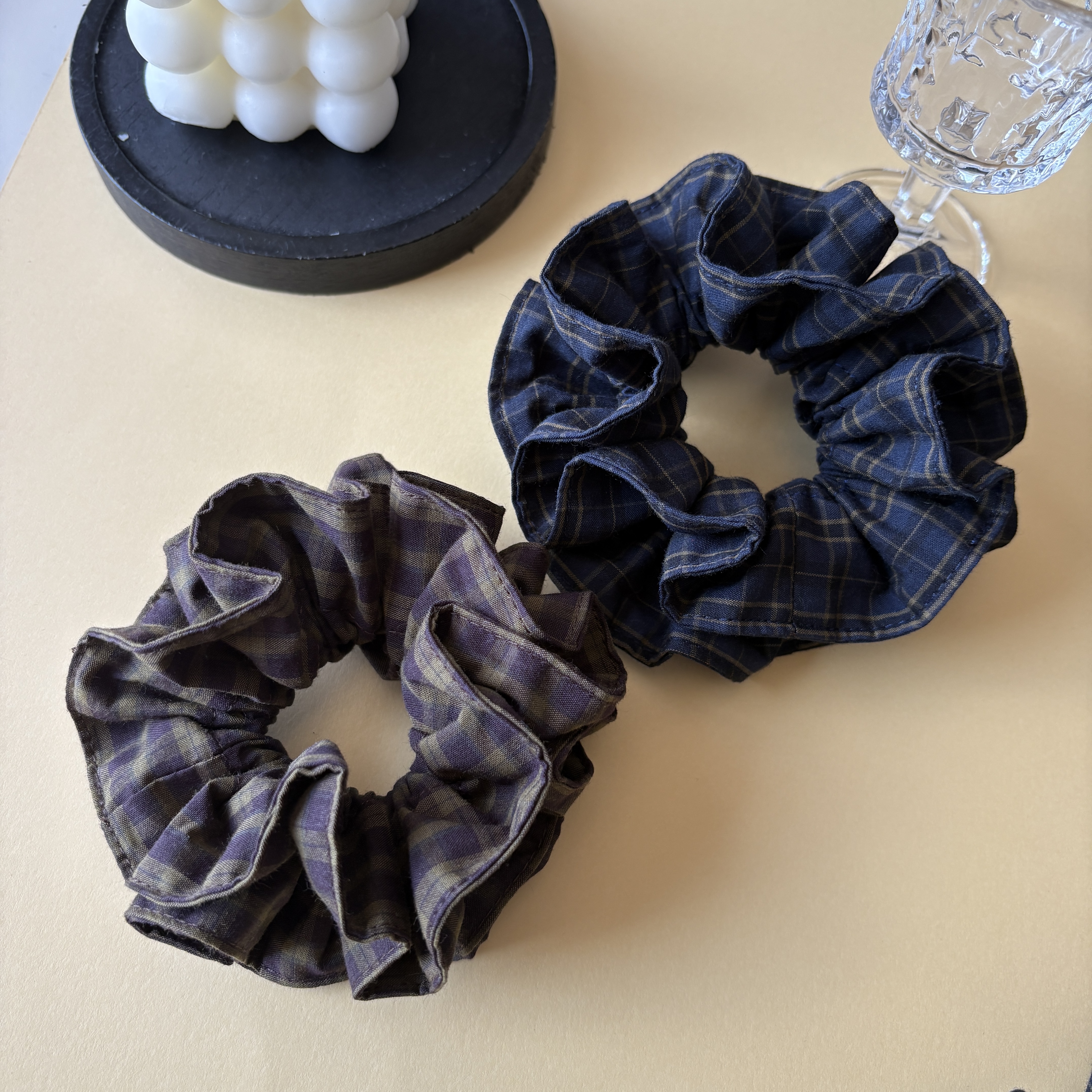 韩系格纹花边小蛮腰中号发圈小众设计立体感头绳高马尾丸子头发绳