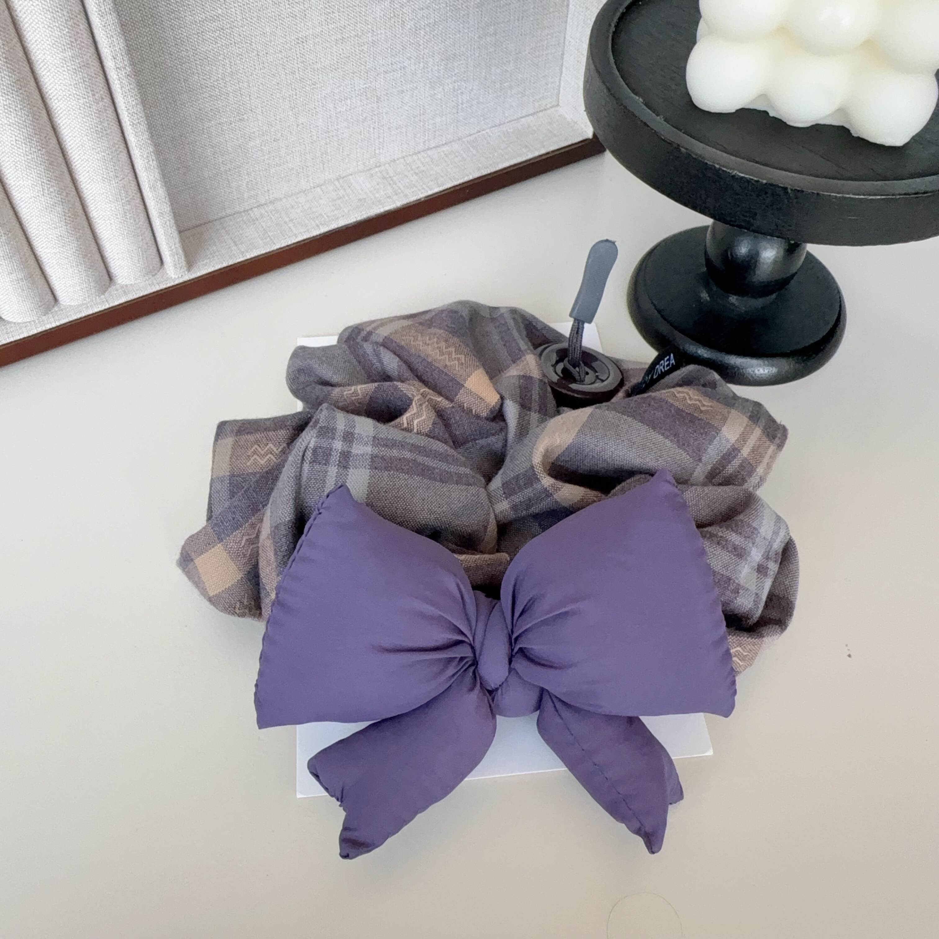 韩系早秋新款格子蝴蝶结发圈高级感纽扣大肠发圈高马尾扎发发绳女