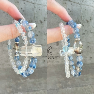 白幽灵无事牌玉化蓝晶石蓝月光海蓝宝幽灵蛋面双排双层手链手串