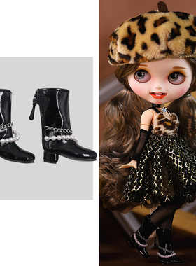 ICY DBS小布娃娃鞋子黑色珍珠拉链亮皮质高筒靴OB24关节体娃鞋