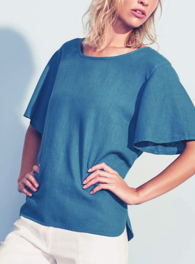汉麻时代夏女棉麻梭织薄T恤宽松休闲荷叶袖显气质汉麻透气抑菌
