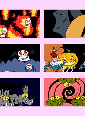 视频素材卡通可爱万圣节南瓜灯鬼怪蝙蝠动画转场过渡MG132