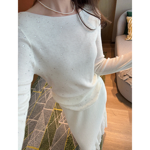 时尚设计感烫钻满天星针织衫女2025秋季新款修身显瘦弹力打底上衣