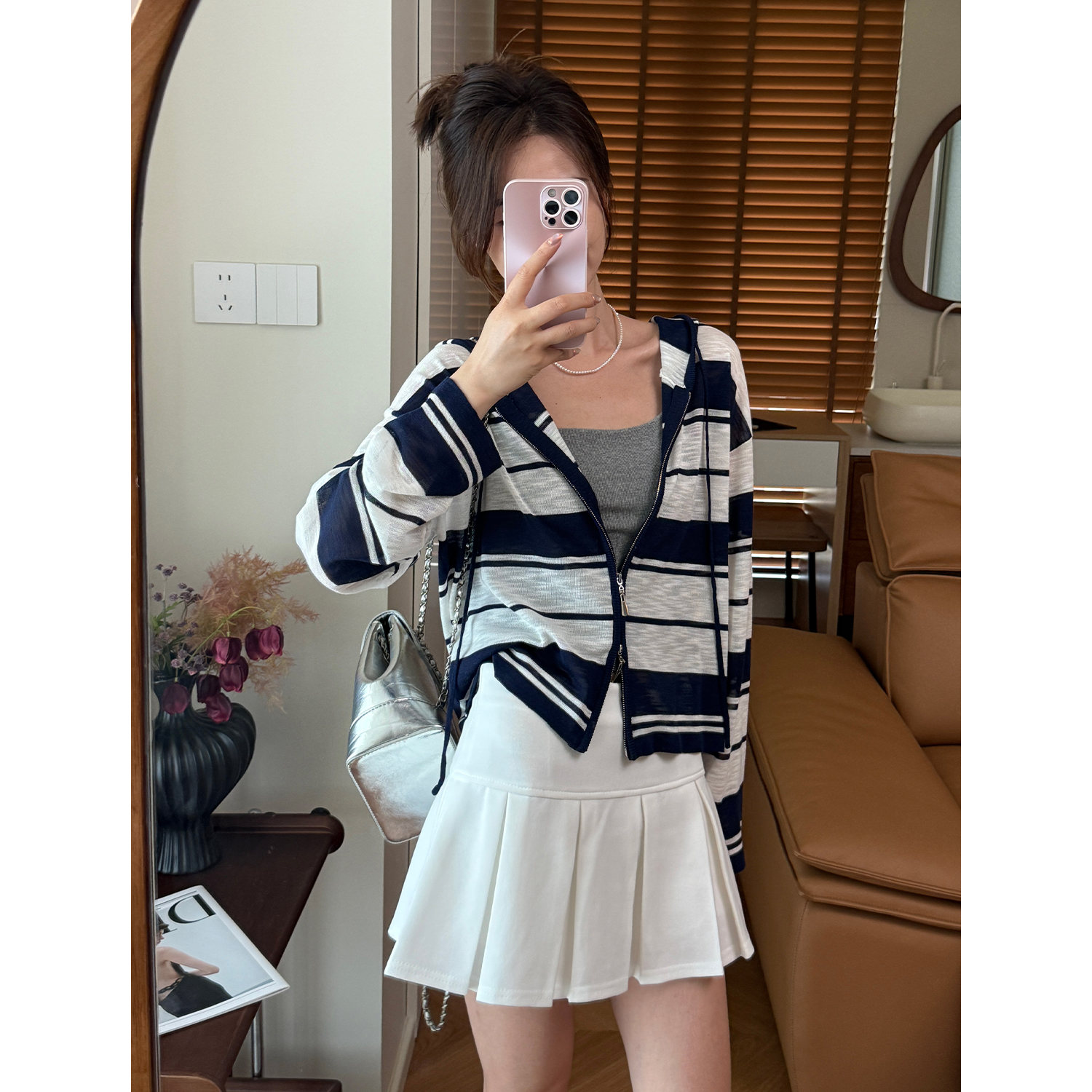 条纹设计感连帽亚麻防晒开衫上衣