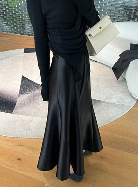 momo大姐姐春秋新款亮面鱼尾裙女小个子半身裙设计感黑色a字裙子