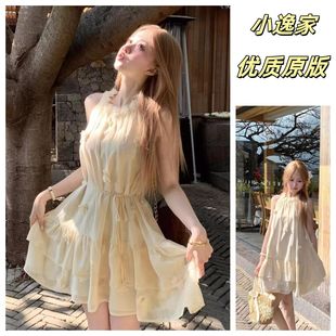 小个子收腰显瘦短裙 小清新甜美立体花朵挂脖两穿娃娃连衣裙女夏季